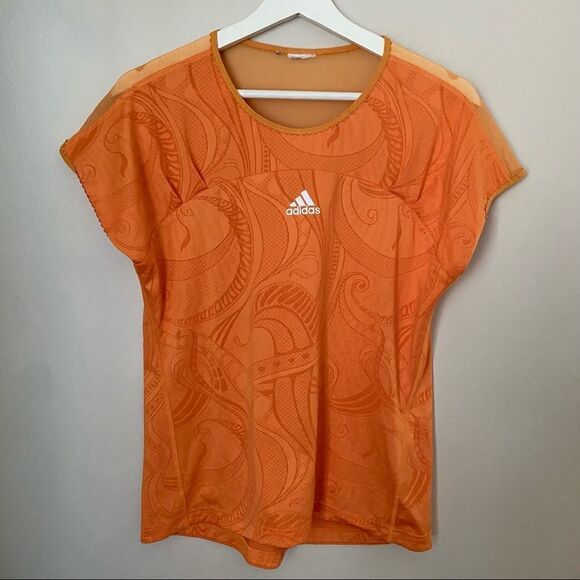 Adidas T-Shirt Top Orange Athletic Workout Athleisure Casual Sheer Climacool - Picture 1 of 12